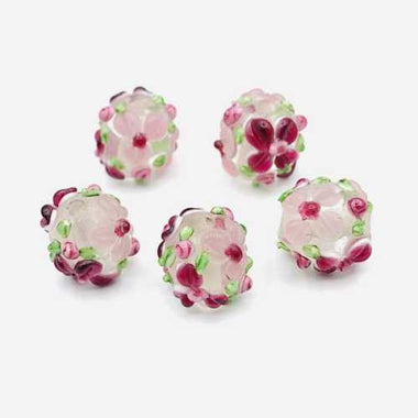 Lampwork Handmade Glass beads round Flower 11mm Light Pink / Red