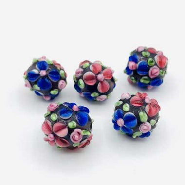 Lampwork Handmade Glass beads round Flower 11mm Blue / Red