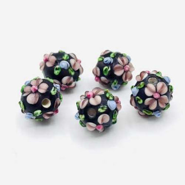 Lampwork Handmade Glass Beads Round Flower 11mm Black /Pink