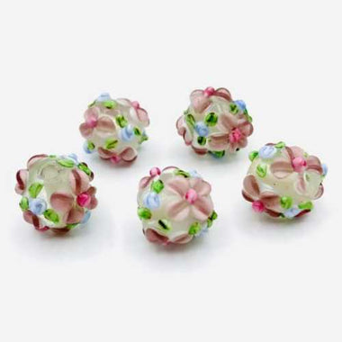 Lampwork Handmade Glass Beads Round Flower 11mm White /Pink