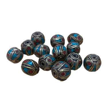 Handmade Tibetan Vintage Decorative Round Beads - Coral and Turquoise- Brass - 1cm
