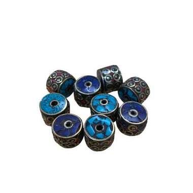 Handmade Tibetan Beads Roundelle real Turquoise and Lapis Lazuli- Gold - 1cm