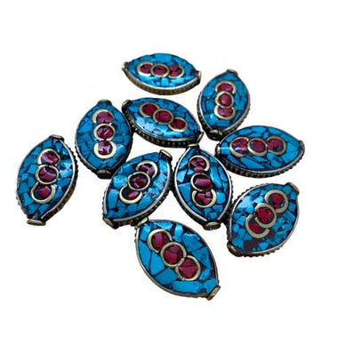 Handmade Tibetan Vintage Decorative Flat Rounded Diamond Beads Natural Coral and Turquoise - Gold - 2.5cm