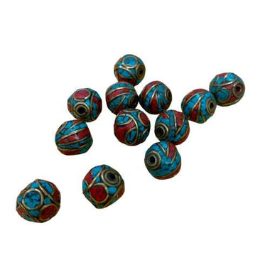 Handmade Tibetan Vintage Decorative Spiral Round Beads Natural Coral and Turquoise- Gold - 1cm