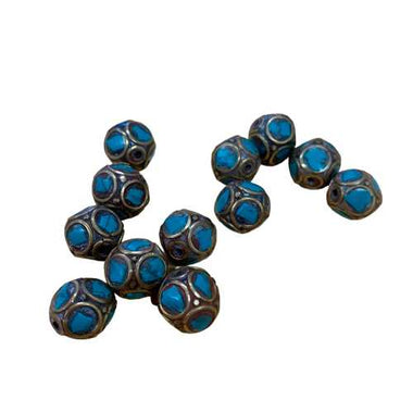 Handmade Tibetan Vintage Decorative Faceted Round Beads - Gold & Turquoise - 1cm