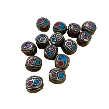 Handmade Tibetan Vintage Decorative Square Round Beads - Gold, Turquoise & Coral - 1cm