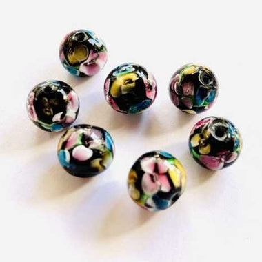 Lampwork Handmade Glass Round Flower Beads 10mm Black 4pcs