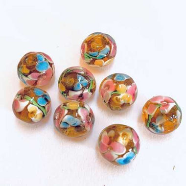 Lampwork Handmade Glass Round Flower Beads 10mm Yellow topaz 4pcs