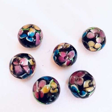 Lampwork Handmade Glass Round Flower Beads 12mm Black / Pink 5pcs