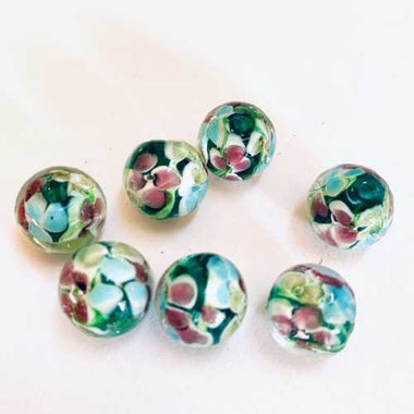 Lampwork Handmade Glass Round Flower Beads 12mm Emerald Pink 5pcs