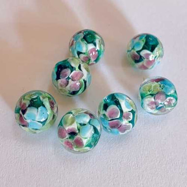 Lampwork Handmade Glass Round Flower Beads 12mm Emerald Blue 5pcs
