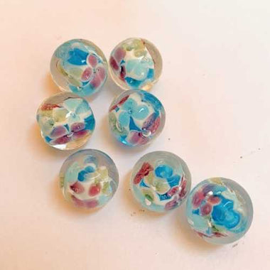 Lampwork Handmade Glass Round Flower Beads 12mm Sky blue / Pink 5pcs