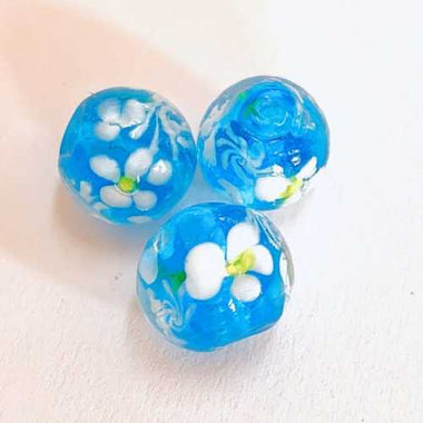 Lampwork Handmade Glass Round Flower Beads 12mm Aqua blue / White 5pcs
