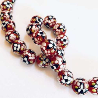 Lampwork Handmade Glass Round Flower Beads 12mm RED / White 5pcs
