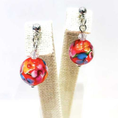 Stud Earrings Handmade glass / Swarovski Encased Flower Orange