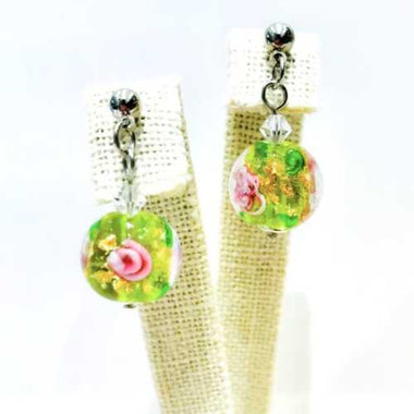 Stud Earrings Handmade glass / Swarovski Encased Flower Lime /Gold