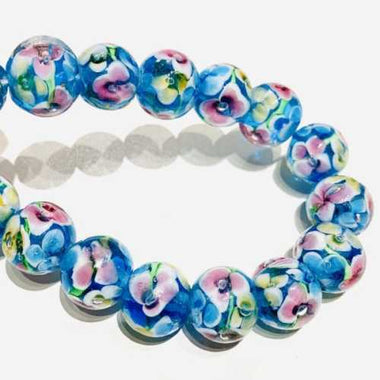 Lampwork Handmade Glass Round Flower Beads 12mm Aqua Blue 5pcs