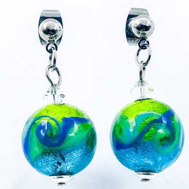 Stud Earrings Handmade Glass / Swarovski Silver Foiled Round 12mm Ocean Swirl