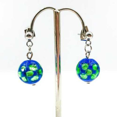 Stud Earrings Handmade Glass Silver Foiled Round 12mm Blue / Green