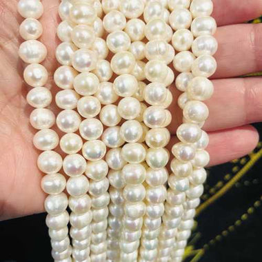 "AAA" Natural Freshwater Pearls Potato Oval Beads 7 - 8mm - 15"inch Strand | Elegance and Purity in White - Beadsy Beads