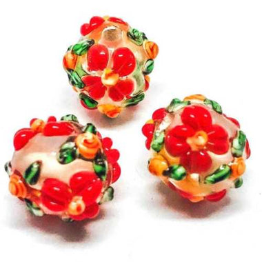 Handmade Glass Round Flower 11mm Orange / Green