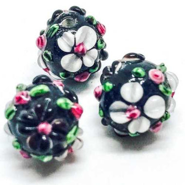 Handmade Glass Round Flower 11mm Black / White