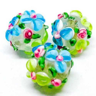 Handmade Glass Round Flower 11mm Light Blue / Lime Green