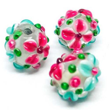 Handmade Glass Round Flower 11mm Pink / Aqua Blue