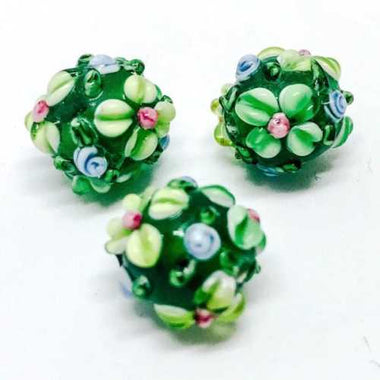 Lampwork Handmade Glass beads round Flower 11mm Emerald Green / Lime
