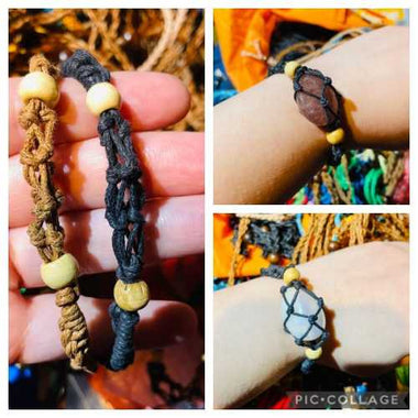 BLACK Eco - Friendly 100% Linen Cord Interchangable / Adjustable Macrame Crystal Pendant Pouch Net Bracelet - Beadsy Beads