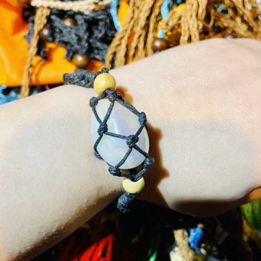 Brown Eco - Friendly 100% Linen Cord Interchangable / Adjustable Macrame Crystal Pendant Pouch Net Bracelet - Beadsy Beads