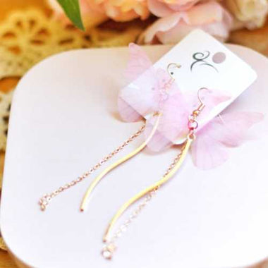 Earring Gold Plated Butterfly Pink with chain - Beadsy Beads