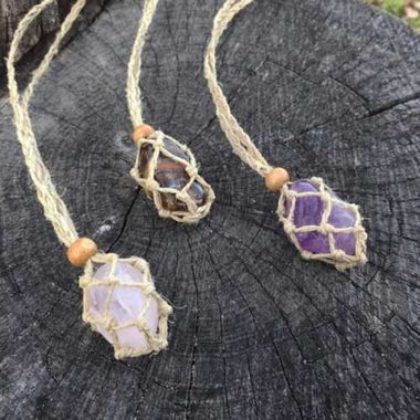 Eco - Friendly 100% Linen Cord Interchangable / Adjustable Macrame Crystal Pendant Pouch Net - TAN - Beadsy Beads