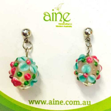 Stainless Steel Stud Earrings Handmade glass Flower Aqua Pink