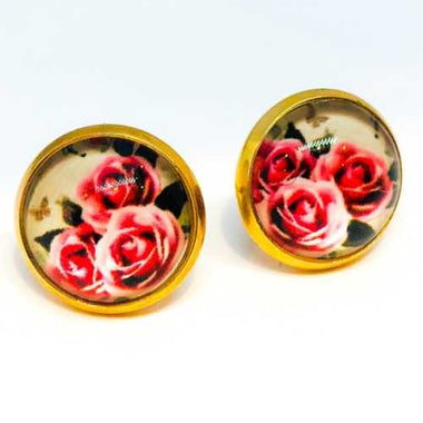 Gold Plated Stud Earrings Glass Cabochon Roses Trio - Beadsy Beads