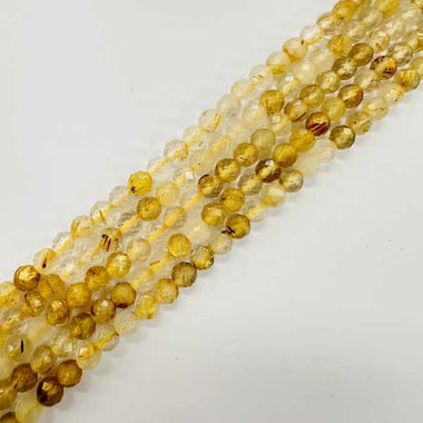 Golden Rutilated Quartz Crystal Faceted Round Gemstones Beads 4mm - 15.5" Strand - Beadsy Beads