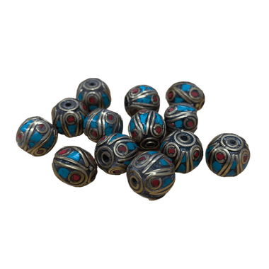 Handmade Tibetan Vintage Decorative Round Beads - Coral and Turquoise - Brass - 1cm - Beadsy Beads