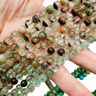 Garden Quartz / Lodolite Gemstone Crystal Round Beads - 15.5 in Strand - Choose Size