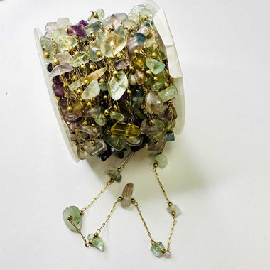 18kt Plated Gold Stainless Steel Chain - Fluorite Crystal Beaded - 50cm