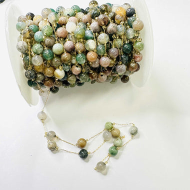 18kt Plated Gold Stainless Steel Chain - Moss Agate Crystal - 50cm