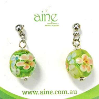 NIckel Free Stud Earrings handmade glass Flower encased Lime green - Beadsy Beads