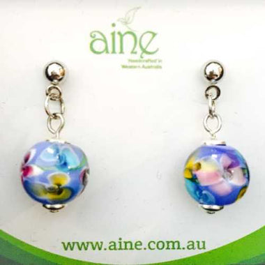 NIckel Free Stud Earrings handmade glass Flower encased Milky Blue - Beadsy Beads