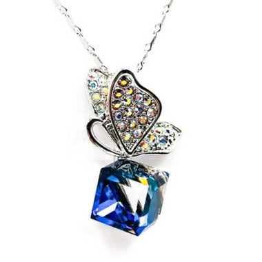 925 Sterling silver Swarovski Pendant Diagonal cube Leaf Two tone Metallic blue / Clear