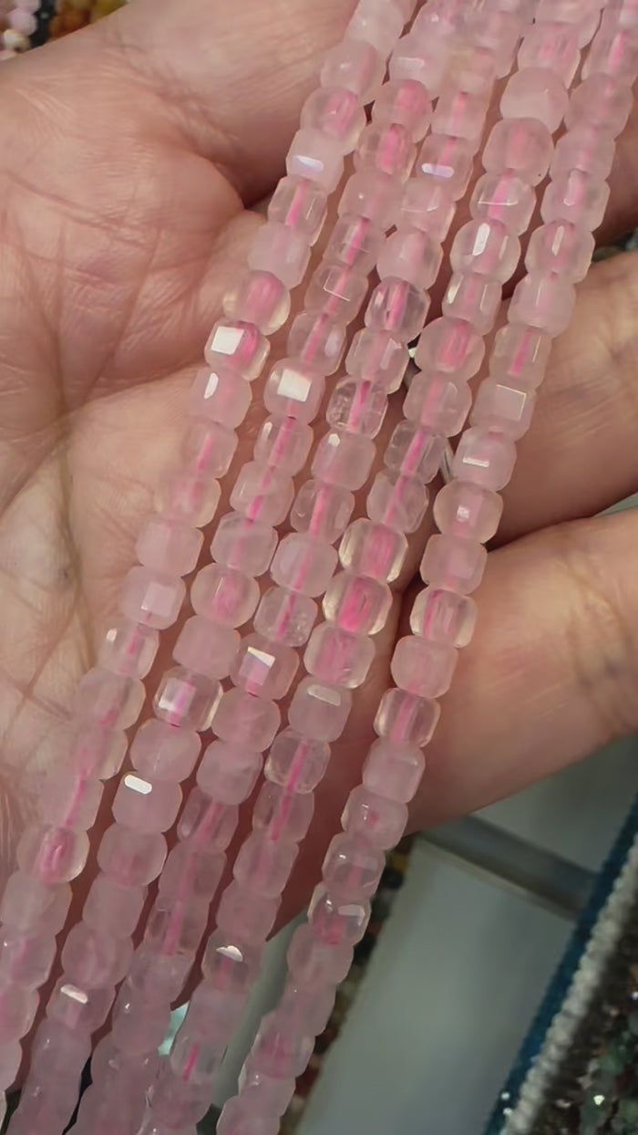 Rose Quartz Faceted Cube Crystal Gemstone 4mm 15.5 inches strand