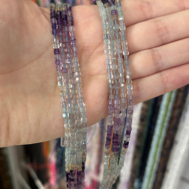 Rainbow Fluorite Crystal Faceted Cube Gemstone Bead 3mm - 15.5" Strand - Beadsy Beads