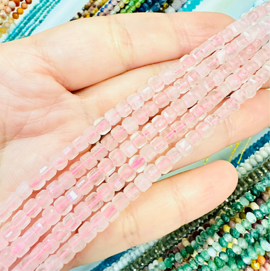 Rose Quartz Faceted Cube Crystal Gemstone 4mm 15.5 inches strand
