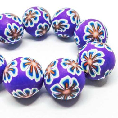 Handmade Polymer Clay Beads Round 18mm Flower Purple (2pcs)
