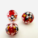 Lampwork Handmade Glass Round Beads 12mm RED / White Black Flower 3pcs - Beadsy Beads