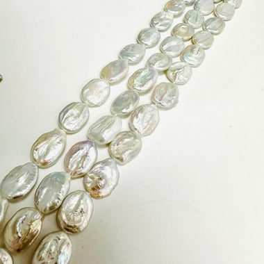 Natural Freshwater Pearl Flat Coin Oval Beads 17 - 18 mm - 15.5"inches Strand white Iridescent - Beadsy Beads