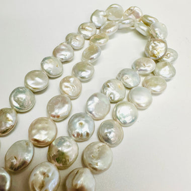 Natural Freshwater Pearl Flat Coin Round Beads 13 - 14 mm - 15.5"inches Strand White Iridescent - Beadsy Beads